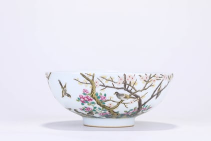 Famille Rose Magpie with Plum Tree Porcelain Bowl