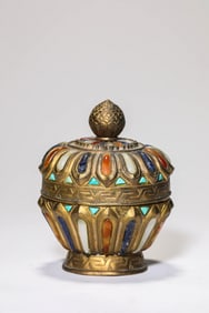 Multi Gem Stone Inlaid Gilt Bronze Lid Jar