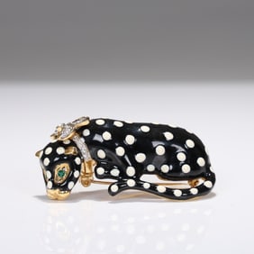 Kenneth Jay Lane Enamel Black Jaguar Crystal Pin Brooch