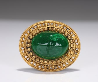 Vintage Yves Saint Laurent YSL Gold Plated Green Cabochon Brooch