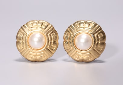 Vintage Givenchy White Faux Pearl Logo Gold Tone New York Piercing Earring