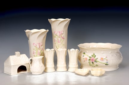 Assorted Ten Belleek Porcelain Vases, Large Pot