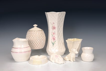 Assortment Of Eight Belleek Porcelain Table Items