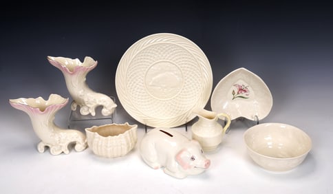 Set Of Eight Belleek Blush Pink Plate And Christmas Plate