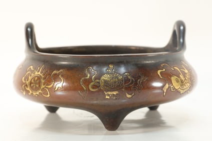 Bronze Sprinkling Gold Carved Eight Treasure Pattern Incense Burner