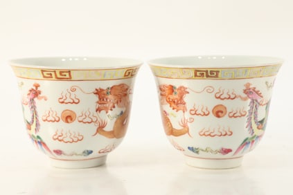 Pair of Famille Rose Dragon and Phoenix Pattern Porcelain Cup