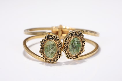 Jade Flower Gold Tone Clamper Cuff Bracelet