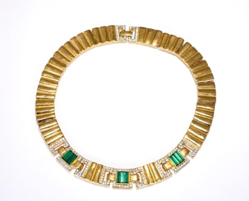 Green And Clear Rhinestone Gold Tone Choker Link Statement Necklace