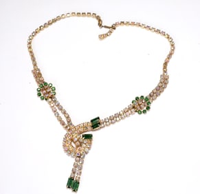 Green And Clear Rhinestone Gold Tone Y Shape Necklace
