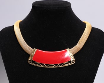 Vintage Monet Red Enamel Pendant Gold Mesh Chain Choker Necklace