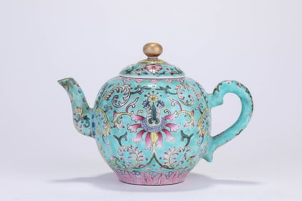 Turquoise Base Famille Rose Flower Pattern Porcelain Tea Pot
