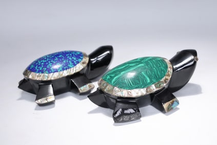 Pair Of Inlaid Abalone Malachite Stone Turtles