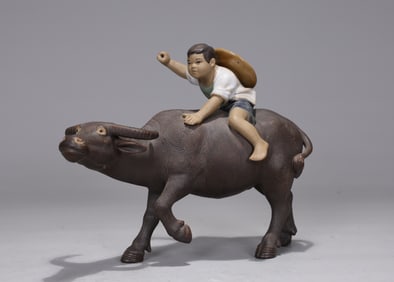 Asian Water Buffalo With Boy Riding Sculpture