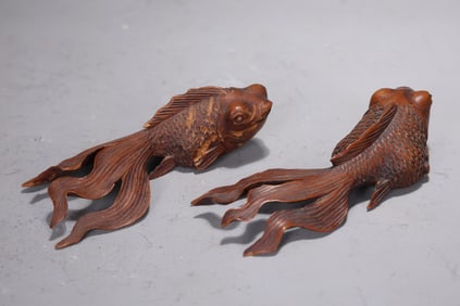 Pair Of Wood Koi Fish Fantail Goldfish Figurine
