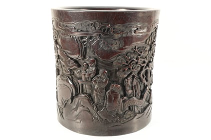 Red Sandalwood Carved Pine Tree and Character Story Pattern Brush Pot
