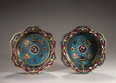Pair of Bronze Cloisonne Carved Flower and Eight Treasure Pattern Plate
