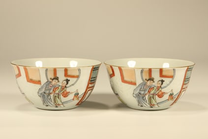 Pair of Famille Rose Character Story Pattern Porcelain Bowl