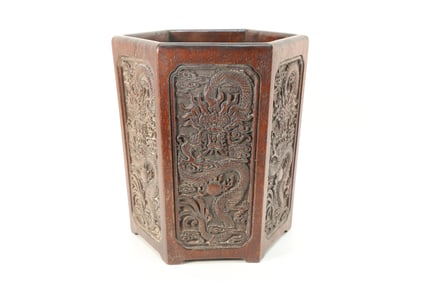 Huanghuali Wood Carved Dragon Pattern Brush Pot