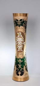 Bohemia Slavia Tall Emerald Gold Hand Painted Flower Glass Vase