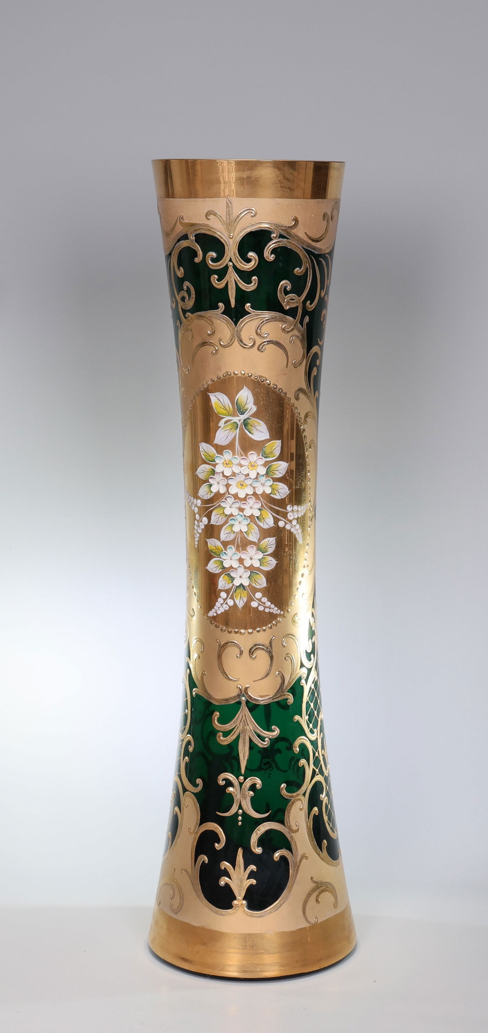Bohemia Slavia Tall Emerald Gold Hand Painted Flower Glass Vase (1 of 8)