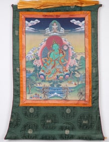 Tibetan Thangka Green Tara Newari Silk Framed