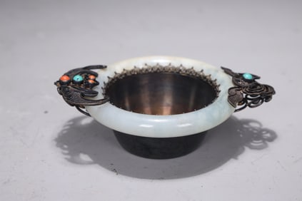 Chinese Silver Libation Cup Jade Ring Coral And Turquoise Stone
