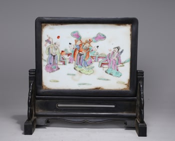 Chinese Rosewood Inlaid Painting Porcelain Screen