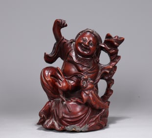Chinese Carved Wood Liuhai with Toad Statue