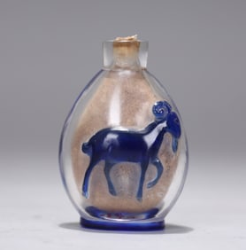 Chinese Glass Snuff Bottle With Blue Overlay Prosperity Talisman