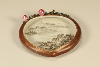 Ink Colored Landscape Pattern Porcelain Peach Shape Washer