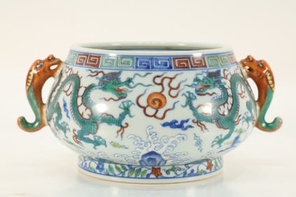 Doucai Dragon Pattern Porcelain Double Beast Ears Incense Burner
