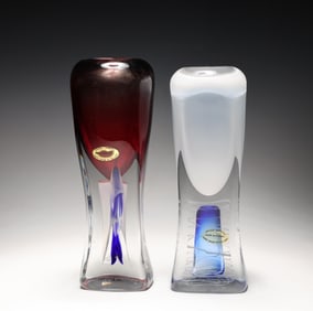 Set Of 2 Adam Jablonski Signed Art Deco Crystal Vases