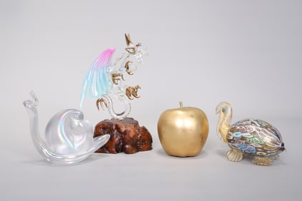4 Of Glass Figurines Including Dragon, Apple, Snail,Turtle