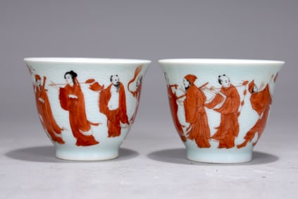 Pair Of Chinese Seven Lucky God Hand Paint Porcelain Cup