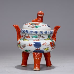 Chinese Wucai Enameled Porcelain Censer & Cover