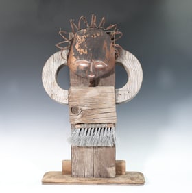 Assemblage Wood Metal Face Wood Art Signed A.Daley