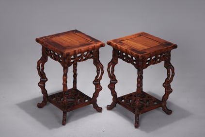 Pair Of Chinese Wood Hollow Carved Footstool