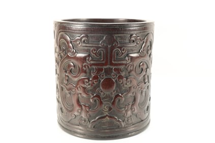 Red Sandalwood Carved Dragon Pattern Brush Pot