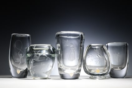 Group Of Vintage 5 Clear Crystal Etched Orrefors, Kosta Vase