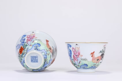 Pair of Famille Rose Child with Rooster Pattern Porcelain Cup