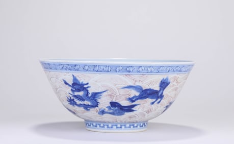Red in Glazed Blue and White Dragon Pattern Porcelain Bowl