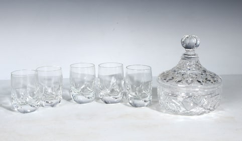 Vintage Cut Glass Sugar Bowl With Set Of 5 Wave Short Glasses