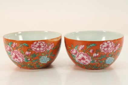 Pair of Famille Rose Flower Pattern Porcelain Cup
