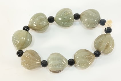 Jade Carved Walnut Shape Bead Bracelet