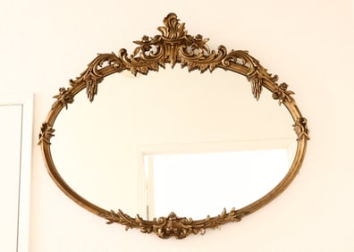 Vintage Round Oval Rococo Style Mirror With Gilt Wood Frame