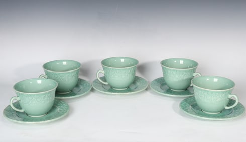 Set Of 5 Jars France Nagar Green Leaves Large Footed Cup &Saucer Set