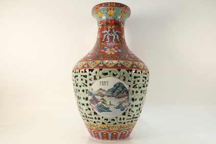 Famille Rose Flower and Landscape Pattern Porcelain Vase