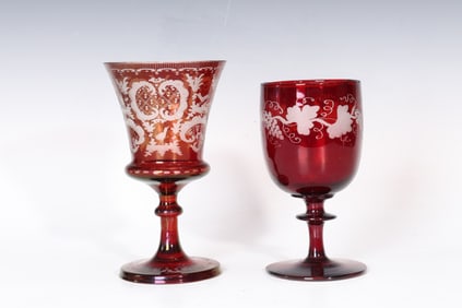 2 Of Bohemian Clear Cut Ruby Red Wine Glasses
