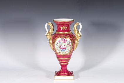 French Empire Style Porcelain Ruby Gold Flowers Swan Handles Vase