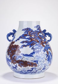 Red in Glazed Blue and White Deer Pattern Porcelain Zun